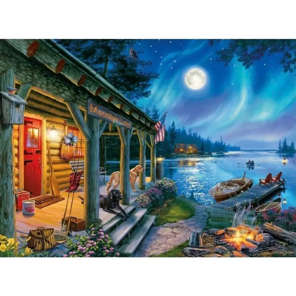 Buffalo Games Darrell Bush Moonlight Lodge 1000 pc Jigsaw Puzzle USED